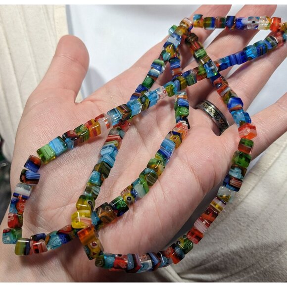 Rainbow Millefiori Glass Cube Beaded Necklace - Picture 5 of 6